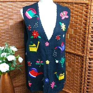 Vintage Embroidered Sweater Vest with garden Motifs 1990's Teacher